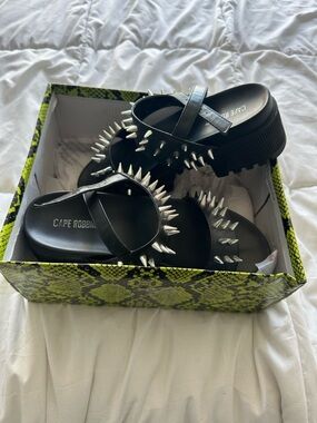 Cape Robbin Black Platform Sandals with Neon Yellow Snake Print Box